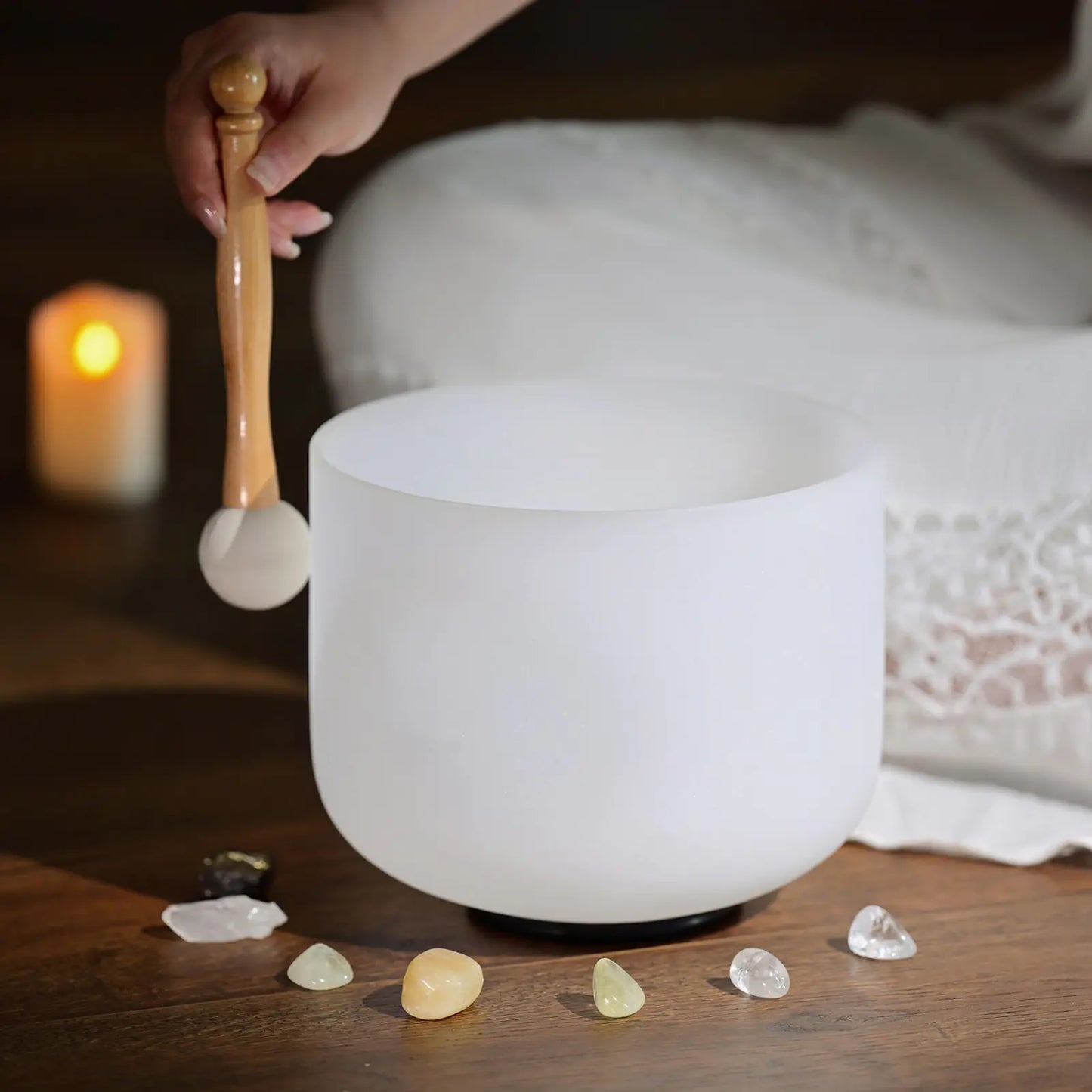 CVNC White Frosted Quartz Crystal Singing Bowl for Sound Healing Meditation Yoga with Free Mallet