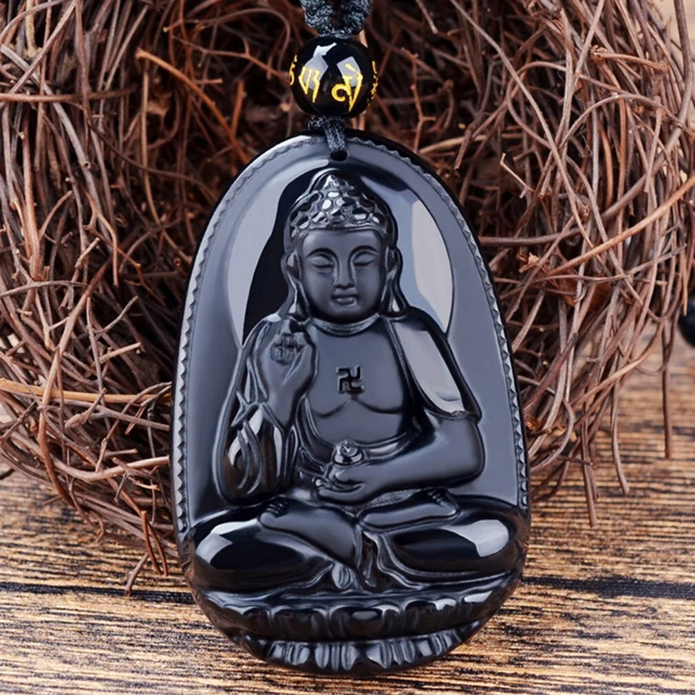 Natural Stone Black Obsidian Carved Buddha Lucky Amulet