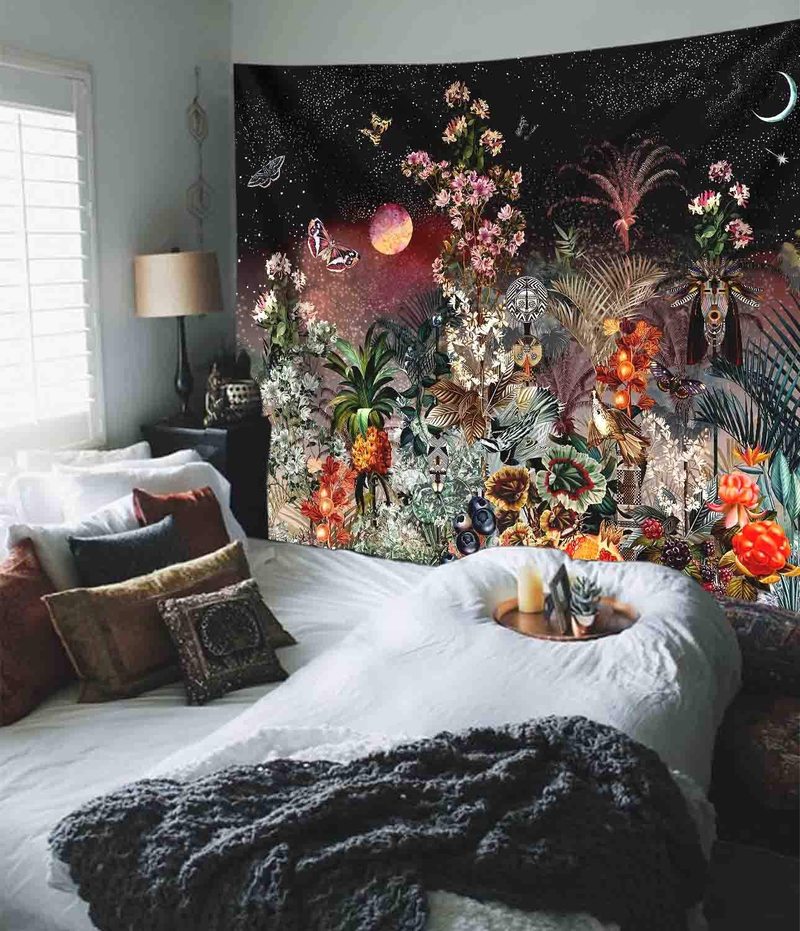 Floral Moon Starry Tapestry - MoonlightMysticVibes.com