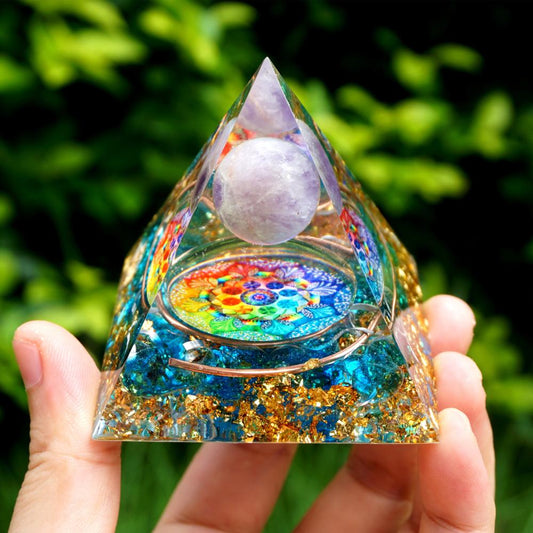 Handmade Amethyst Crystal Sphere Orgone Pyramid Copper Blue Quartz EMF Protection Energy Orgonite - MoonlightMysticVibes.com