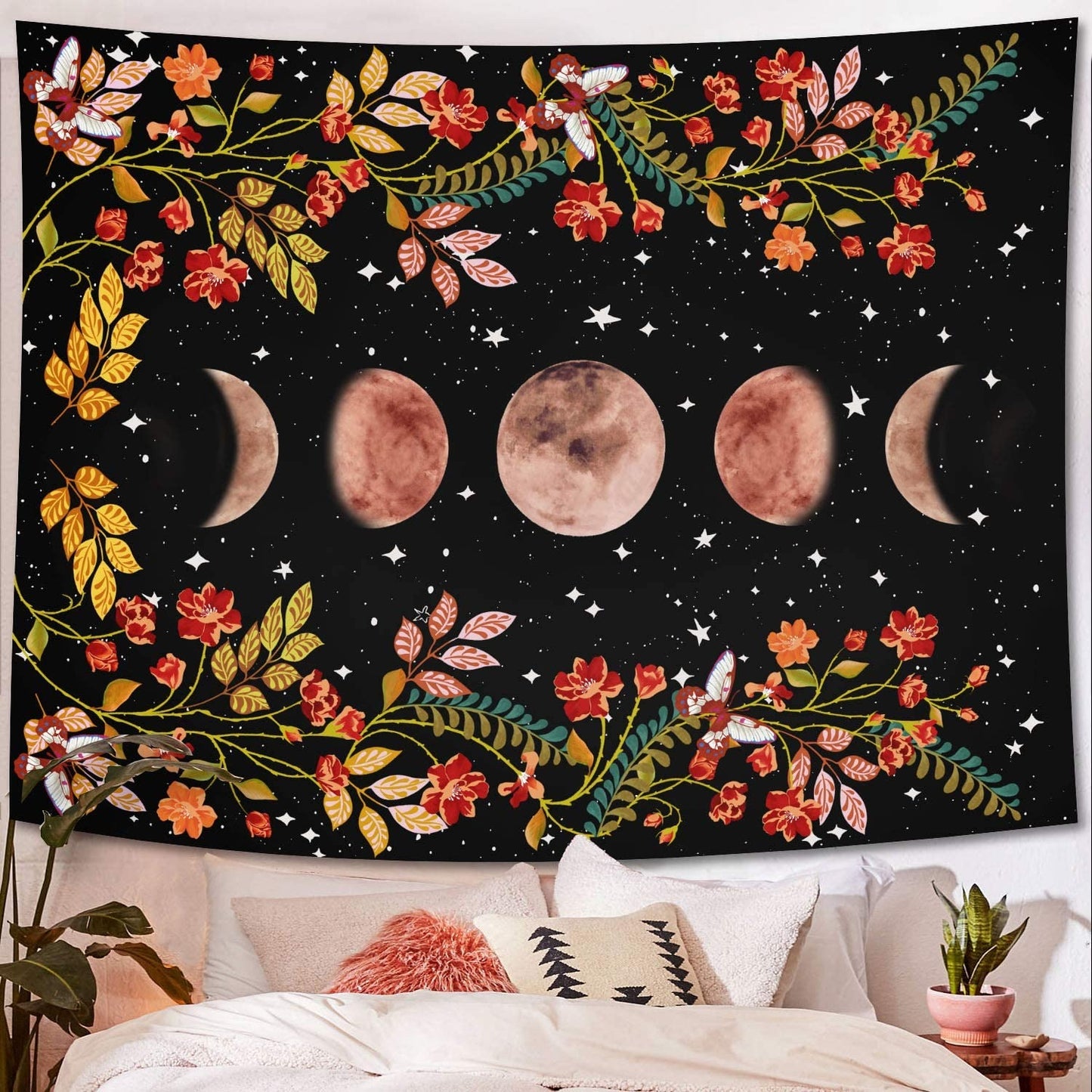 Floral Moon Starry Tapestry - MoonlightMysticVibes.com