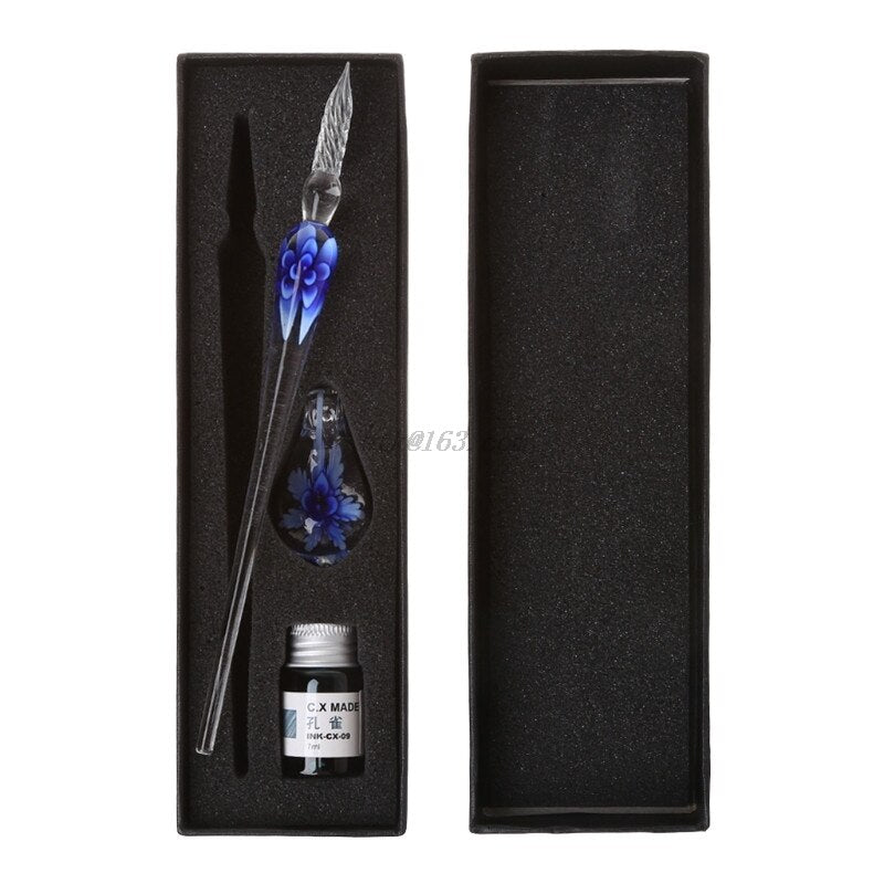 Handmade Elegant Crystal Floral Glass Dip Pen Stationary - MoonlightMysticVibes.com