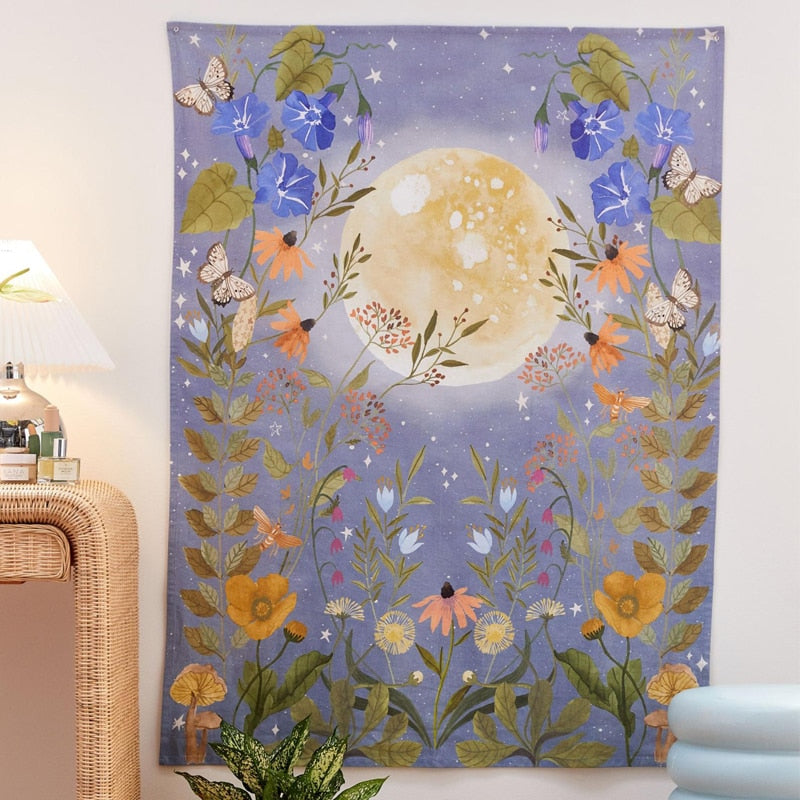 Floral Moon Starry Tapestry - MoonlightMysticVibes.com